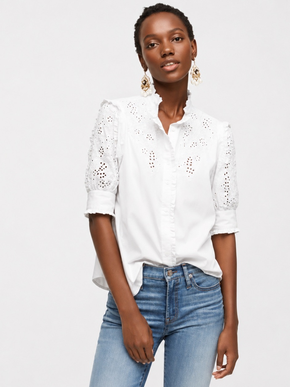 J. Crew White Eyelet Button-Front Puff-Sleeve Blouse